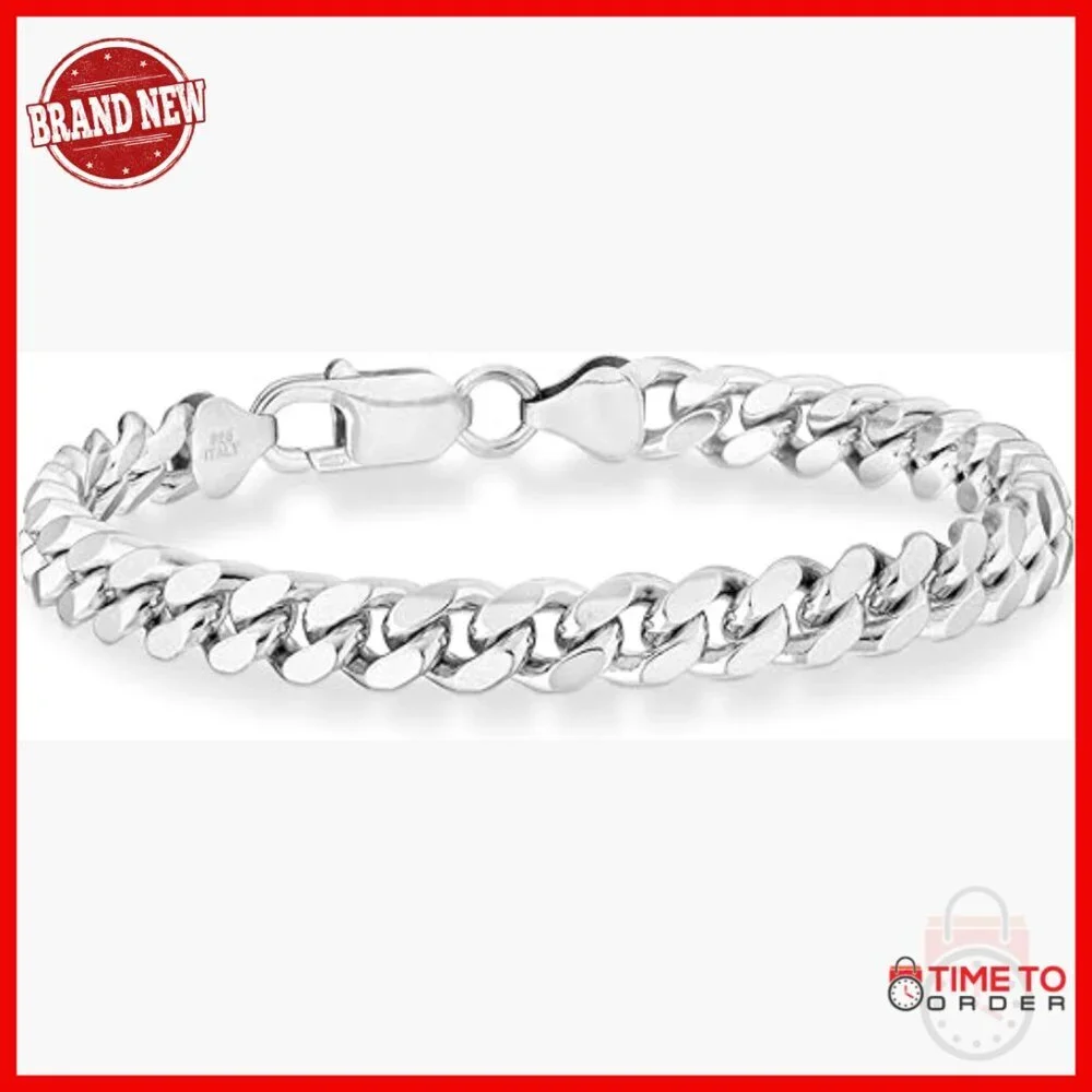Men's 925 Sterling Silver Cuban Link Chain Bracelet 7mm Italy Made